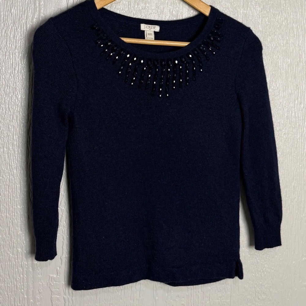 J.Crew Womens XXS Navy Blue Embellished Beaded Neckline 3/4 Sleeve Sweater EUC